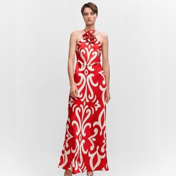 Blogger favorite red satin halter dress with floral applique (brand Mango) - Picture 5 of 15